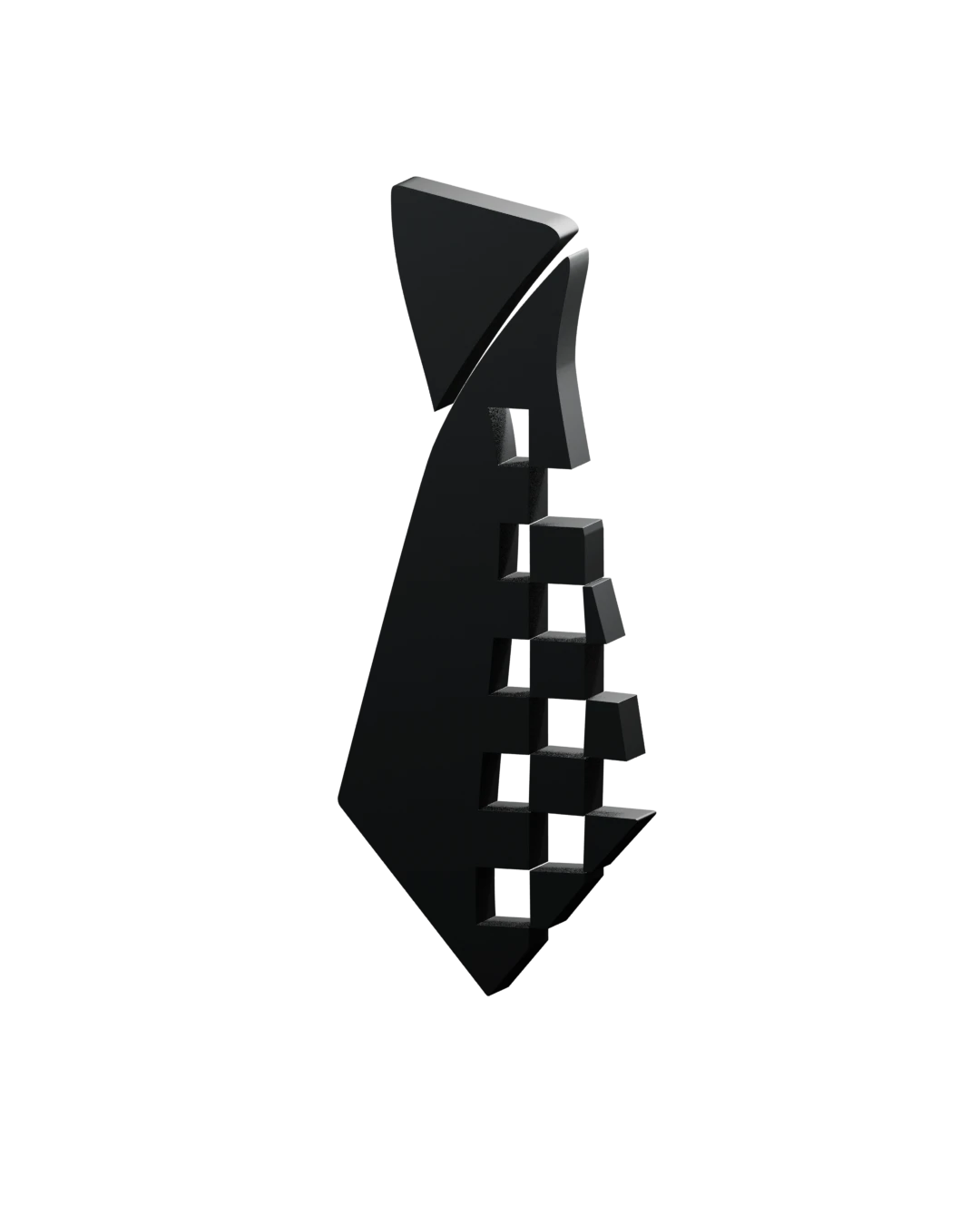 A sculptural tie assembled from dark metallic pieces.